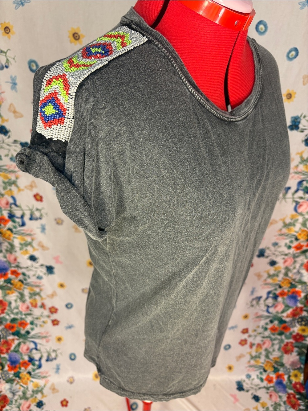 Zara - Southwestern Style Beaded Shoulder Soft Black Gray Casual Fun Women's Tee